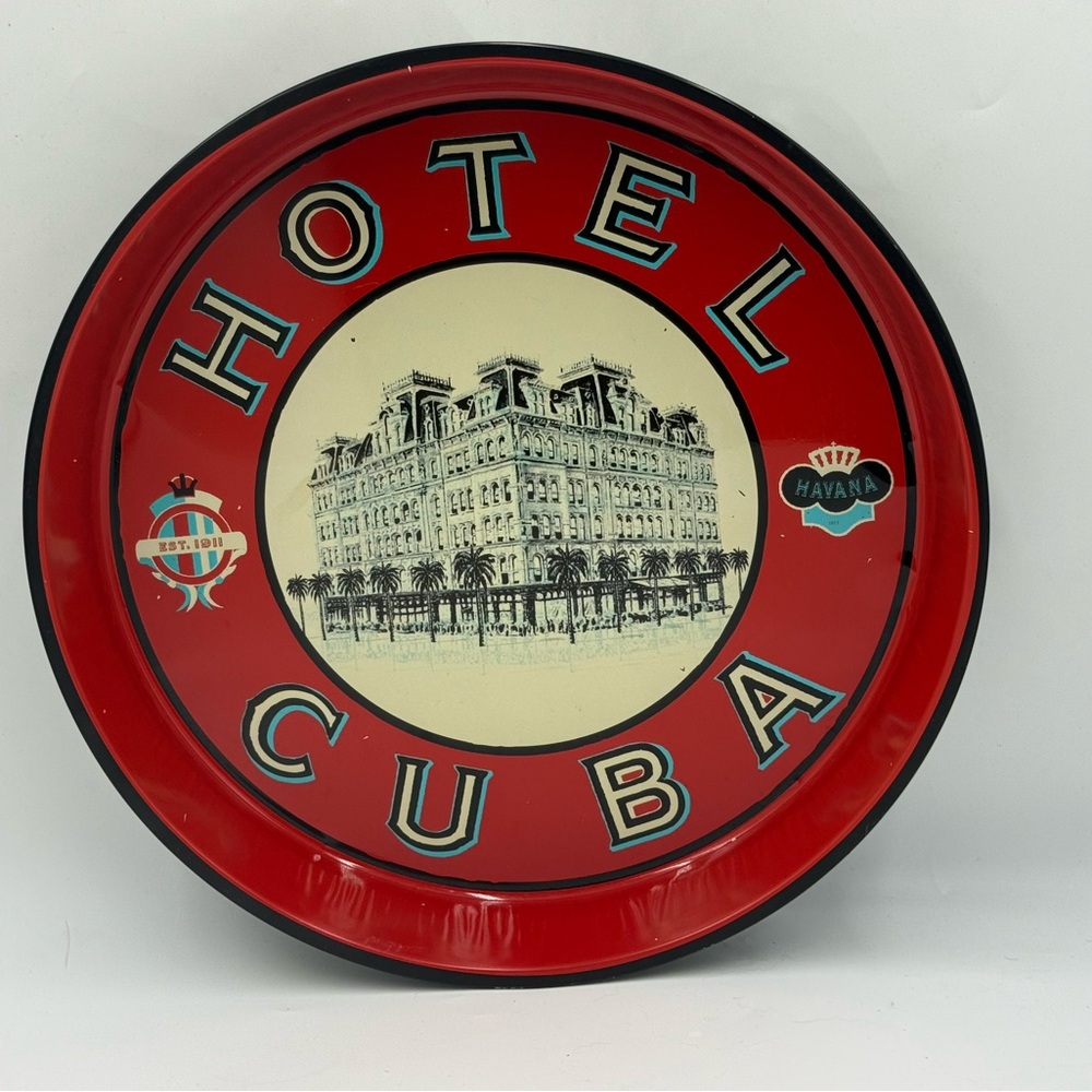 Vintage Hotel Cuba Metal Serving Tray, Red Black, 14 Inches,